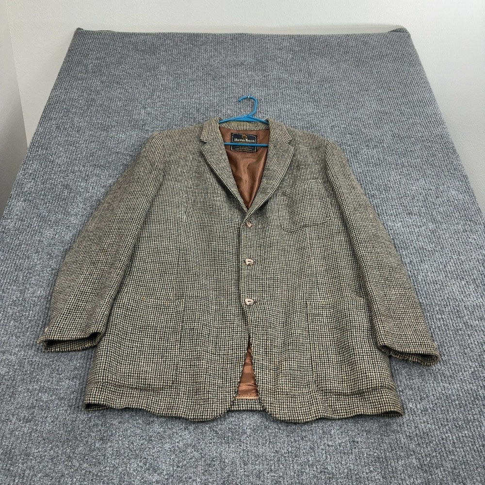 Vintage Harris Tweed Blazer Mens XL Brown Wool Houndstooth 3 Button Academic